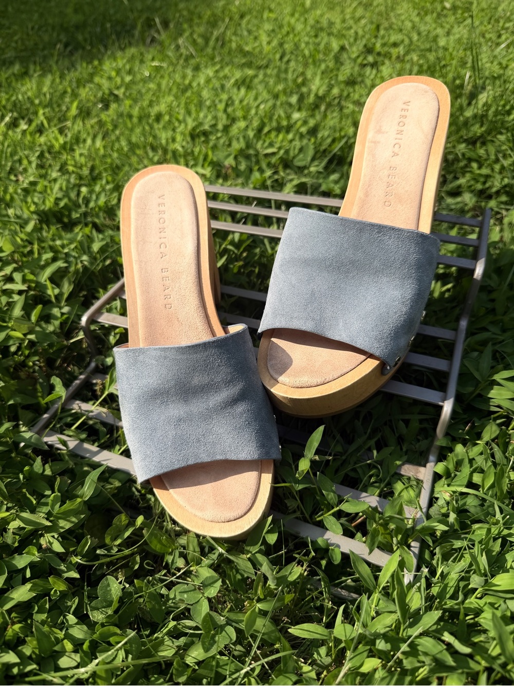 Veronica Beard Slate Blue Suede Slide Mules with Tan Footbed